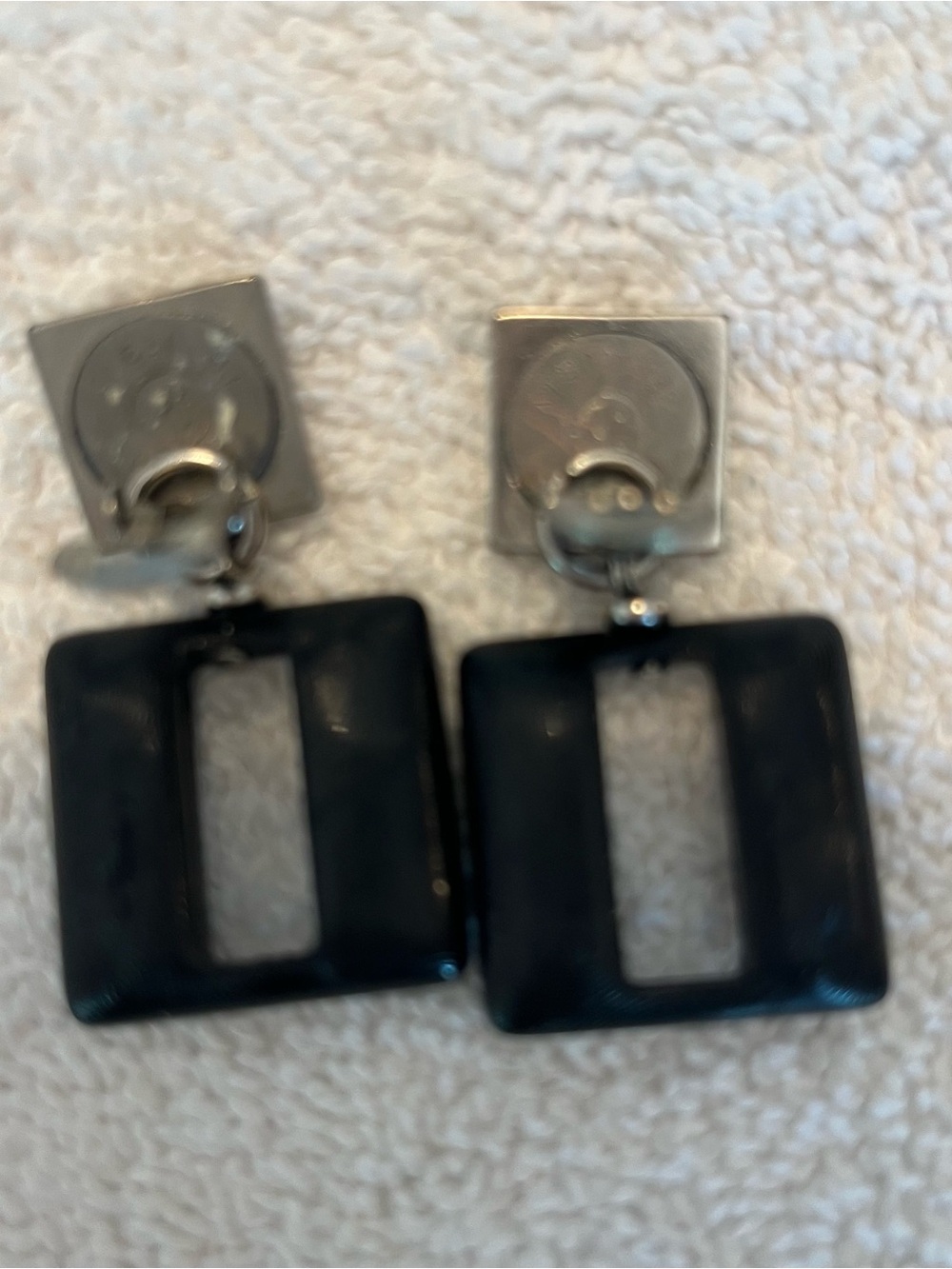 Geometric Square Drop clip-on Earrings in Black and Silver Made In Italy - Picture 2 of 2